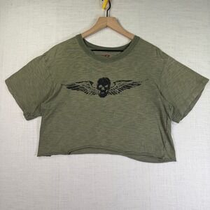 Rothco Skull Wings T- Shirt Crop Top Women S Grunge Biker Olive Green Distressed